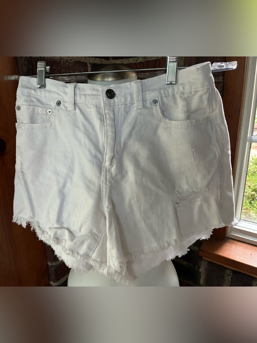 aerie White Distressed Frayed Hem Denim Shorts